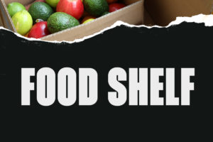 Food Shelf Typography on Black paper texture with Fresh fruits and vegetables